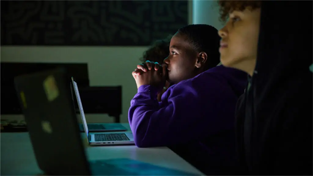 A group of students at a Comcast Lift Zone, a part of the Project UP initiative to bridge the digital divide.