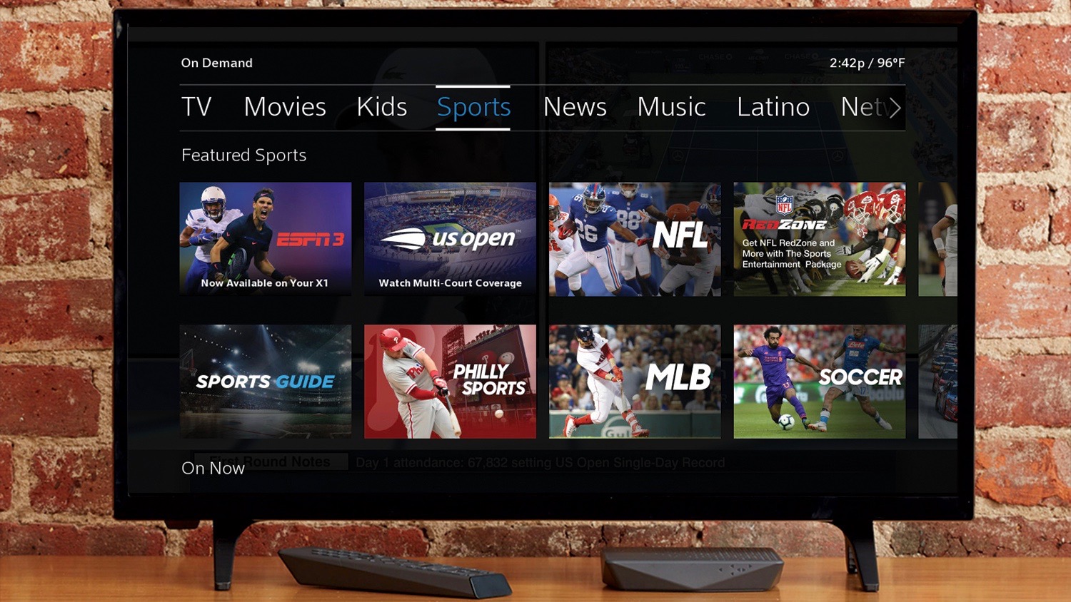 The Xfinity sports hub displayed on a TV.